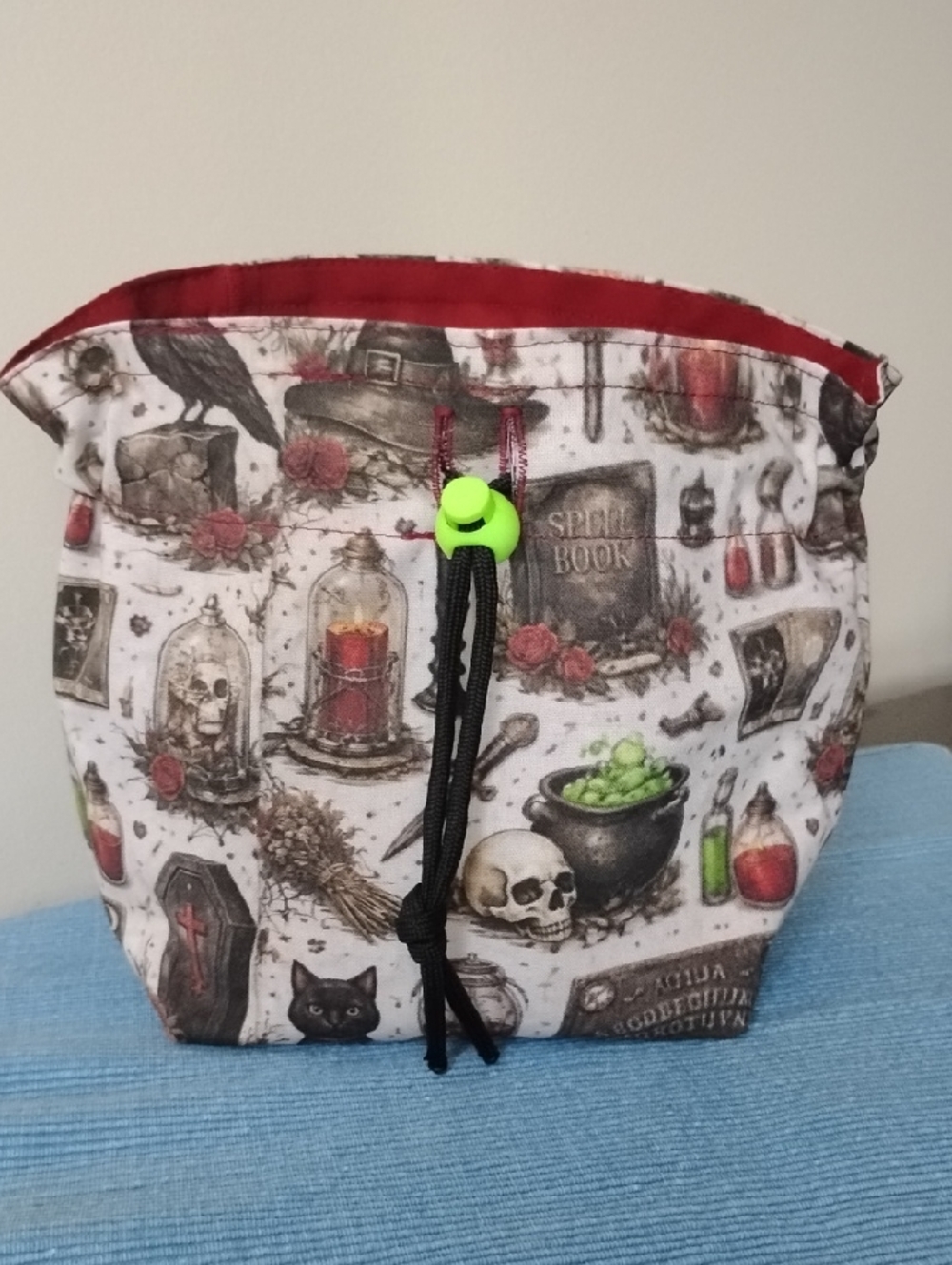 Spellbook Themed Fabric Drawstring Bag in Cream and Pink